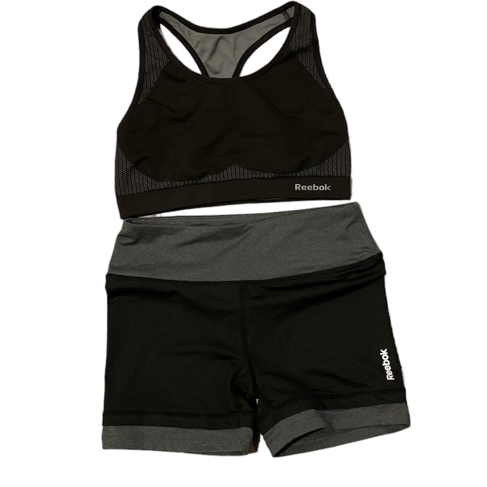 Reebok gray & black sports bra/bike shorts